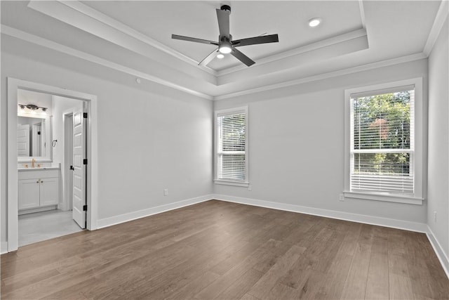 spare room featuring a raised ceiling, light wood-type flooring, and ceiling fan