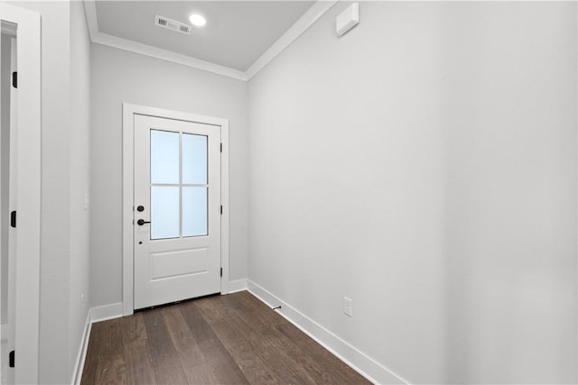 doorway to outside featuring crown molding and dark wood-type flooring