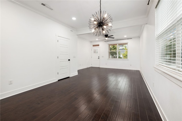 empty room with ornamental molding, ceiling fan with notable chandelier, and dark hardwood / wood-style floors