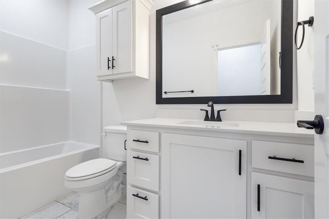 full bathroom featuring toilet,  shower combination, and vanity