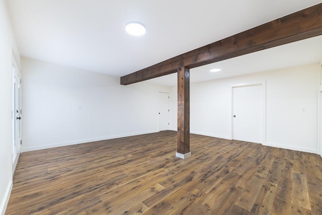 finished basement with dark wood-type flooring, recessed lighting, and baseboards