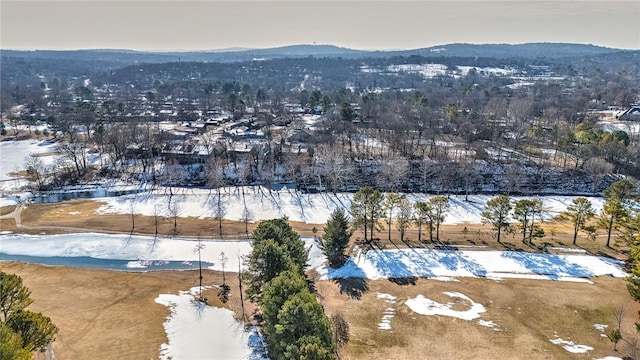 snowy aerial view featuring a mountain view