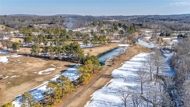 snowy aerial view with a water view