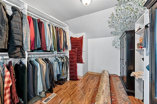 spacious closet featuring light wood-type flooring and vaulted ceiling