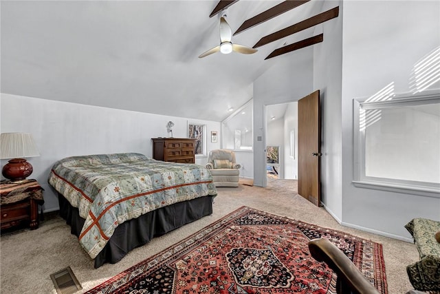 bedroom featuring ceiling fan, carpet, and high vaulted ceiling