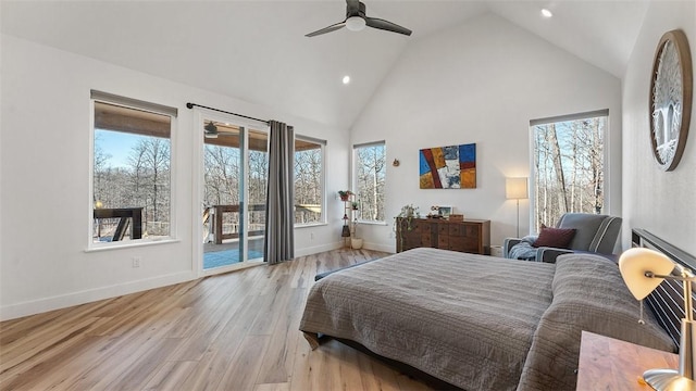 bedroom with ceiling fan, access to exterior, high vaulted ceiling, and light wood-type flooring