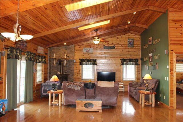 7 Viewpoint Dr, Eureka Springs, AR 72631 - living room featuring a wood stove, a ceiling fan, wood finished floors, wooden ceiling, and wooden walls