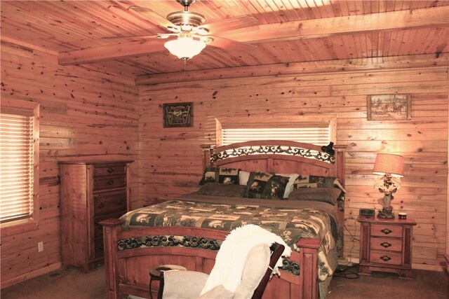 7 Viewpoint Dr, Eureka Springs, AR 72631 - carpeted bedroom featuring wood ceiling, beamed ceiling, wooden walls, multiple windows, and a ceiling fan