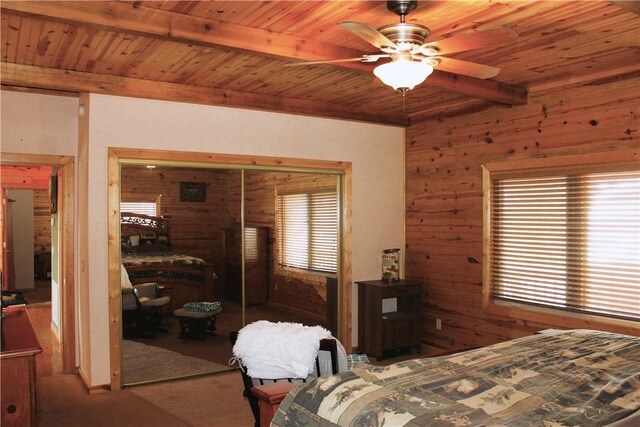 7 Viewpoint Dr, Eureka Springs, AR 72631 - carpeted bedroom featuring wood ceiling, beam ceiling, and wooden walls