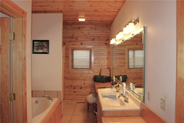 7 Viewpoint Dr, Eureka Springs, AR 72631 - bathroom with wood ceiling, a garden tub, tile patterned flooring, wooden walls, and double vanity