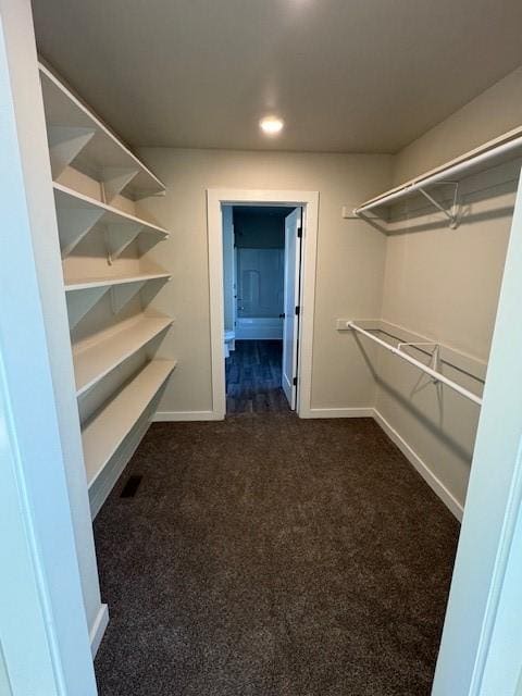 spacious closet featuring visible vents and dark colored carpet