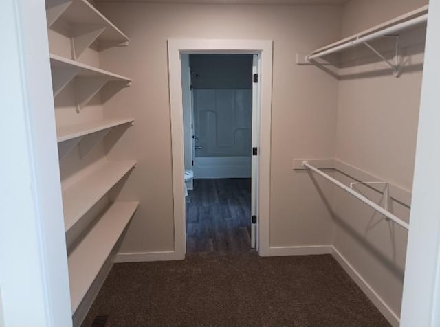 spacious closet featuring dark colored carpet