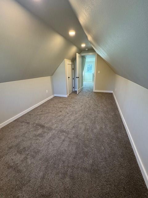 bonus room with baseboards, a textured ceiling, lofted ceiling, and carpet flooring