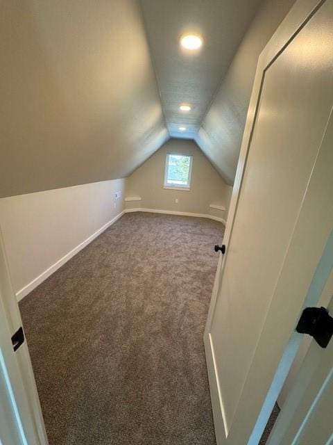 additional living space with carpet flooring, baseboards, and vaulted ceiling