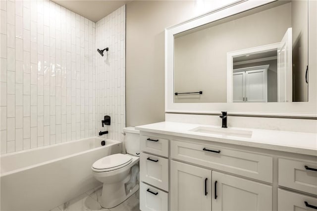 full bathroom with toilet, tiled shower / bath combo, and vanity