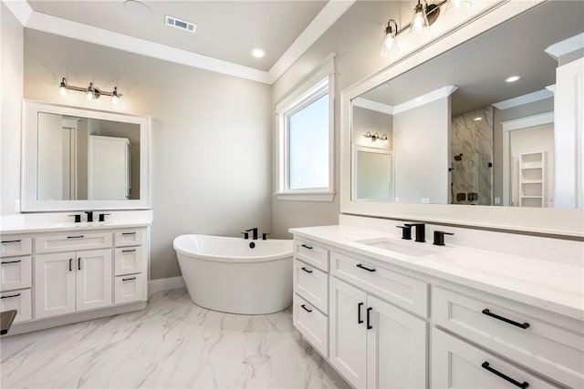 bathroom with vanity, crown molding, and plus walk in shower