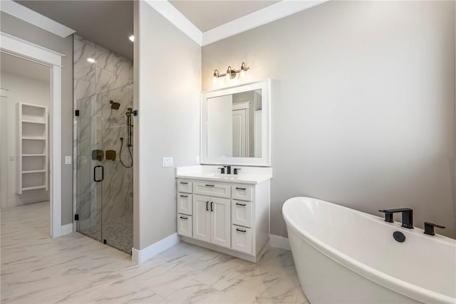 bathroom featuring vanity, ornamental molding, and shower with separate bathtub