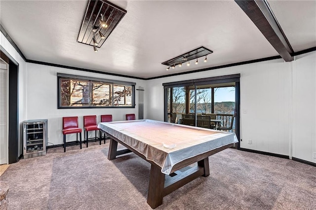 playroom with pool table, heating unit, crown molding, and carpet flooring