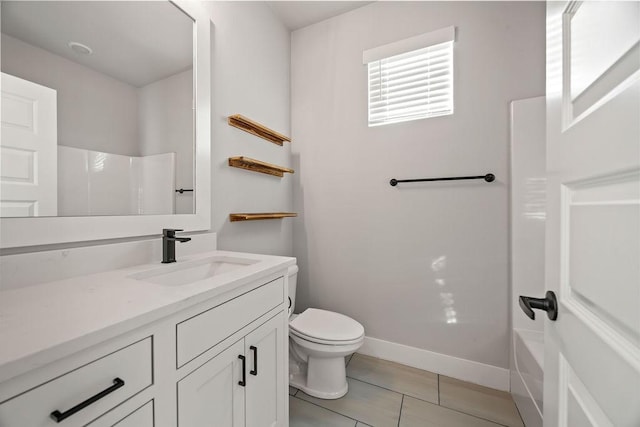 full bathroom featuring toilet, tile patterned flooring,  shower combination, and vanity