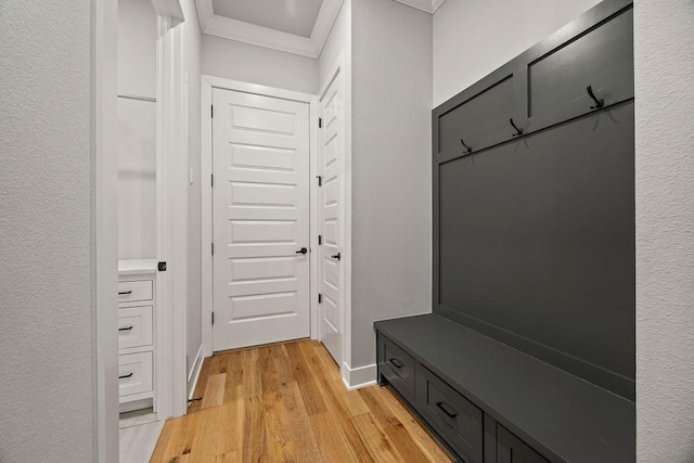 mudroom with crown molding and light hardwood / wood-style flooring