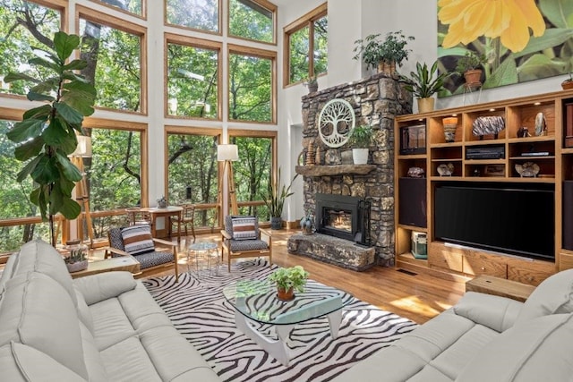 living room with a high ceiling, wood-type flooring, and a fireplace