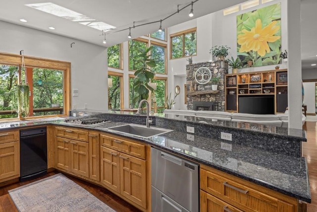 kitchen featuring a skylight, stainless steel appliances, a stone fireplace, dark stone countertops, and sink