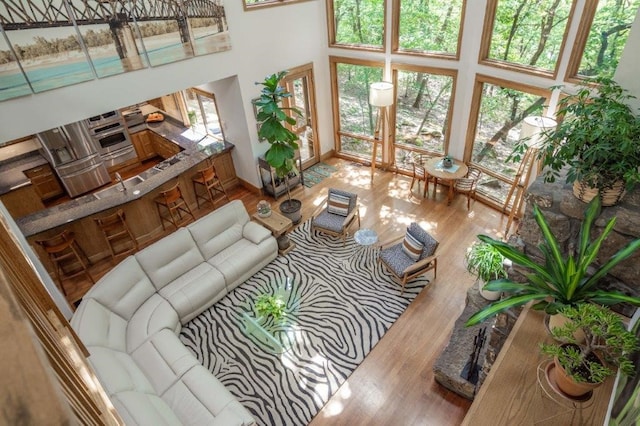 living room with a towering ceiling and light wood-type flooring