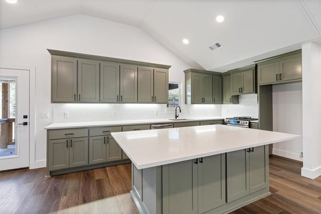 kitchen featuring dark hardwood / wood-style floors, sink, appliances with stainless steel finishes, and a center island