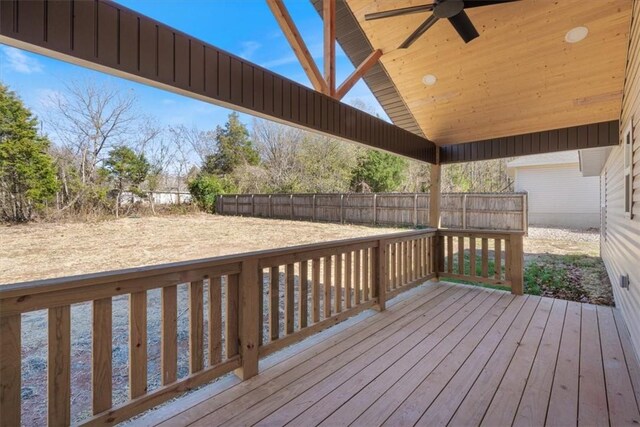 wooden terrace featuring ceiling fan