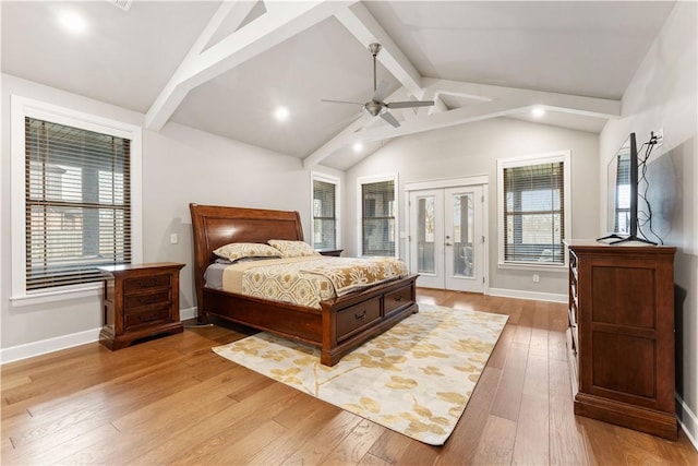 bedroom featuring ceiling fan, access to exterior, light hardwood / wood-style flooring, and vaulted ceiling with beams