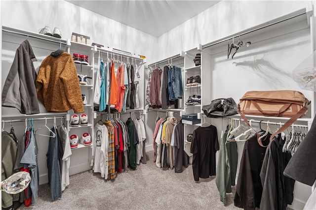 walk in closet with light carpet