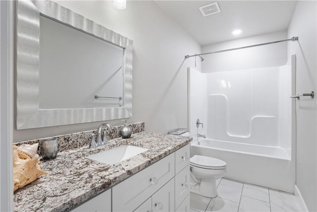 full bathroom featuring toilet, shower / bathtub combination, and vanity