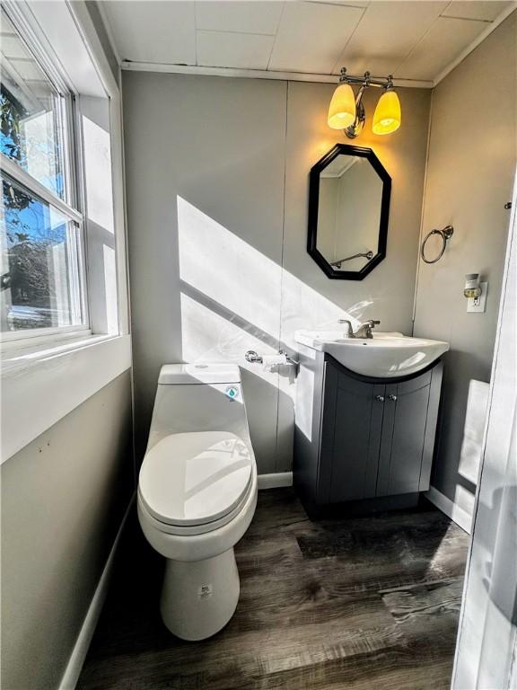 bathroom with vanity, wood finished floors, toilet, and baseboards