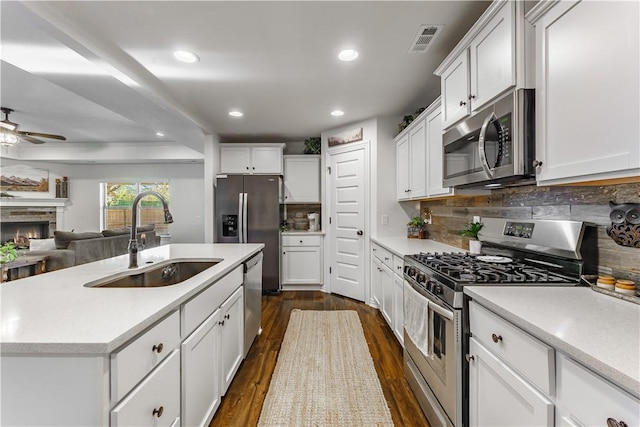 kitchen featuring tasteful backsplash, a fireplace, a center island with sink, sink, and appliances with stainless steel finishes