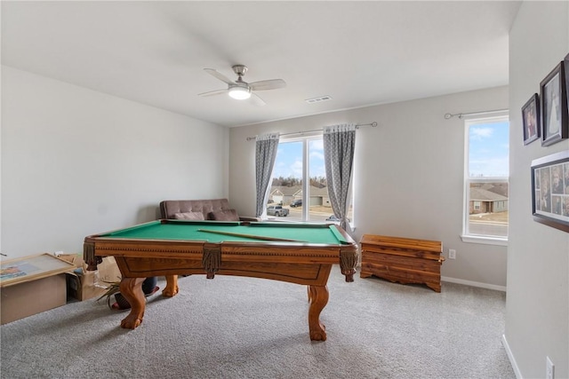 playroom featuring billiards, visible vents, baseboards, a ceiling fan, and carpet floors