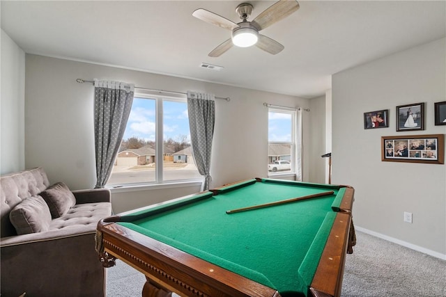 playroom featuring ceiling fan, carpet, billiards, and a healthy amount of sunlight