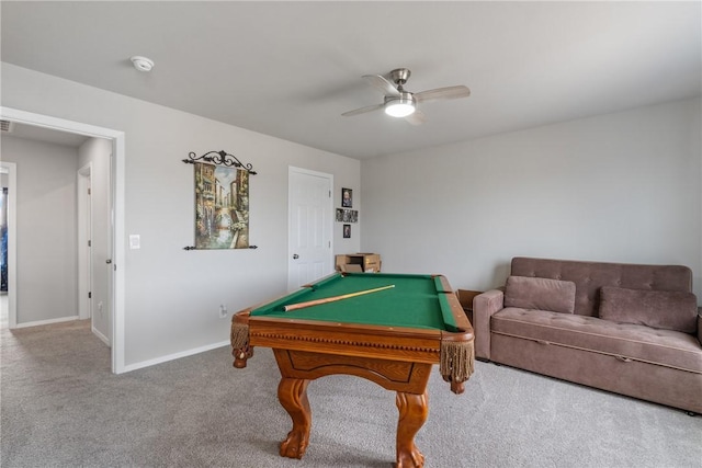 recreation room featuring ceiling fan, carpet, and pool table