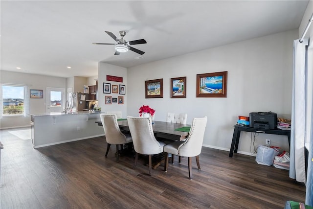 dining area featuring dark wood-style floors, recessed lighting, a ceiling fan, and baseboards