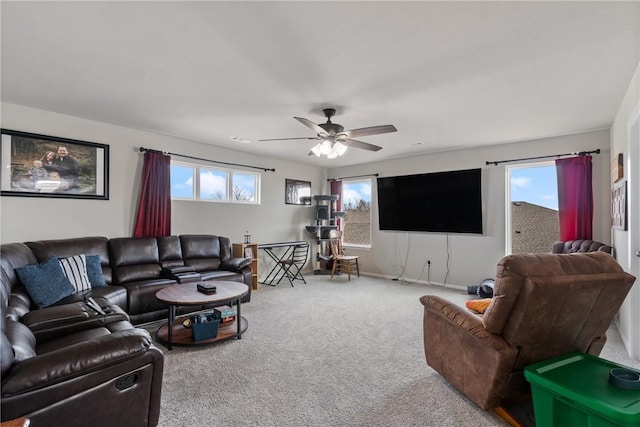 carpeted living room with ceiling fan and a wealth of natural light