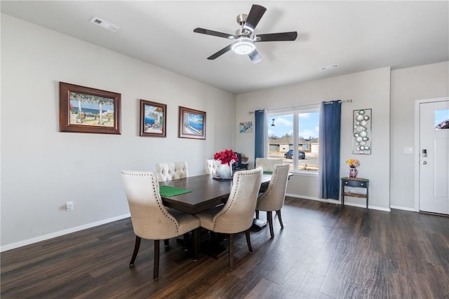 dining space featuring dark wood-style flooring, visible vents, and baseboards