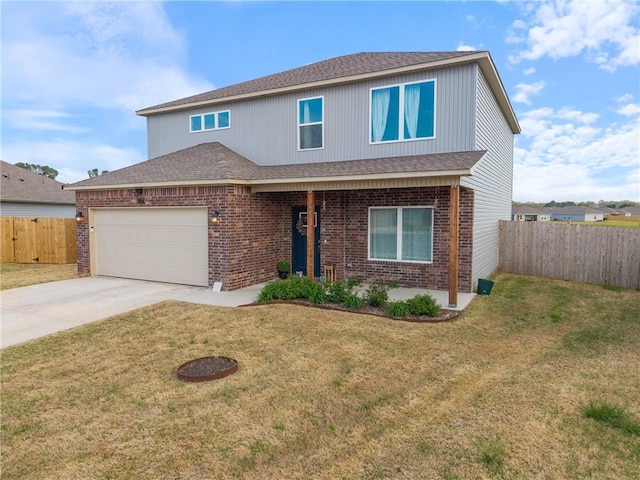 traditional home featuring concrete driveway, a front lawn, fence, brick siding, and roof with shingles