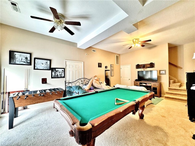 game room with carpet floors, visible vents, billiards, and a ceiling fan