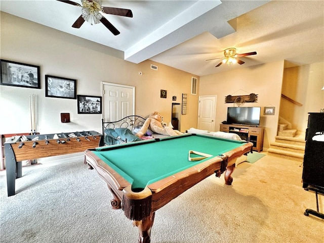 recreation room with a ceiling fan, carpet, visible vents, and billiards