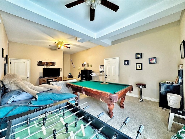 recreation room with carpet floors, pool table, baseboards, and a ceiling fan