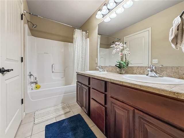 bathroom featuring vanity, tile patterned flooring, and shower / bathtub combination with curtain