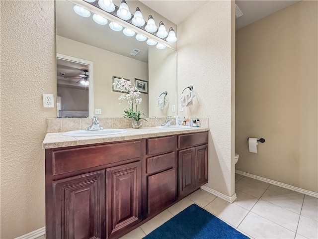 bathroom with ceiling fan, tile patterned floors, vanity, and toilet