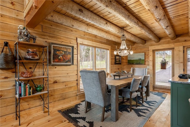 dining space with wood ceiling, a wealth of natural light, and beam ceiling