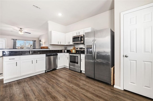 kitchen with ceiling fan, appliances with stainless steel finishes, white cabinetry, and sink