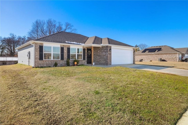 ranch-style house featuring driveway, an attached garage, a front lawn, and brick siding