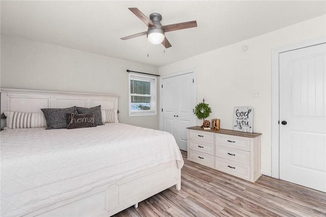 bedroom featuring ceiling fan and light hardwood / wood-style flooring